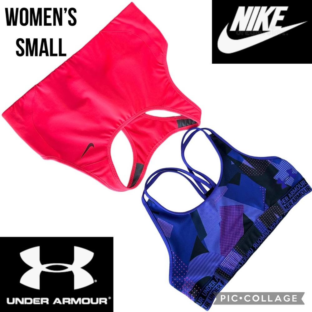 Lot of 2 - NIKE & UNDER ARMOUR Womens Sports Bras Neon Orange Purple Gym Workout